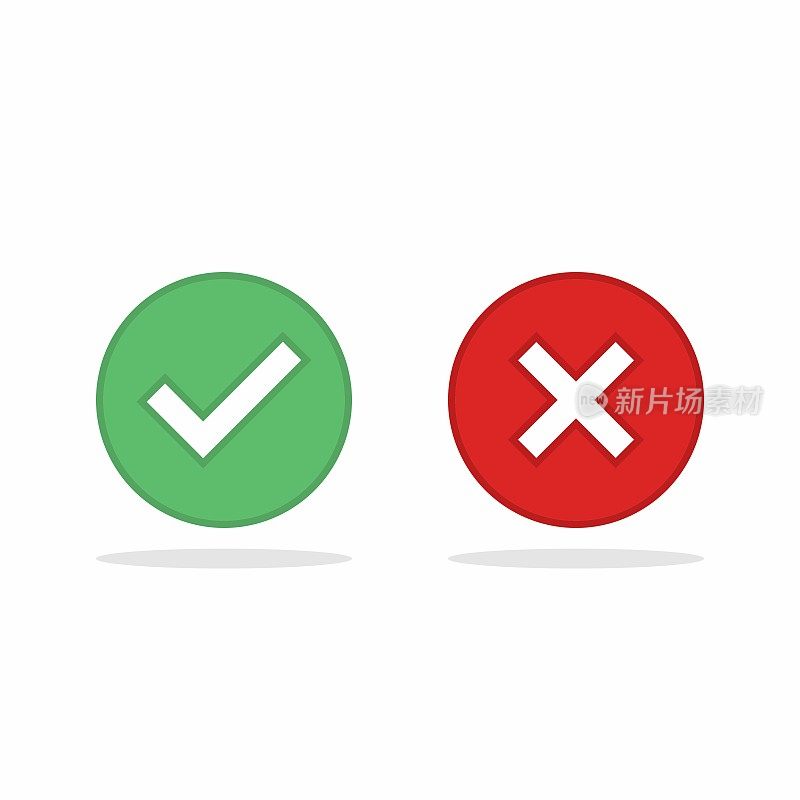 检查和错误标记，勾选和交叉标记，接受/拒绝，批准/不批准，是/否，对/错，绿色/红色，正确/错误，Ok/不Ok -矢量标记符号，绿色和红色。孤立的图标。